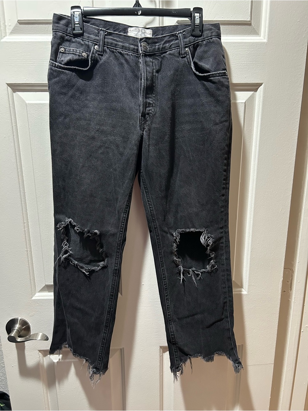 We The Free by Free People Maggie Mid Rise Straight Leg Black Distressed Jeans